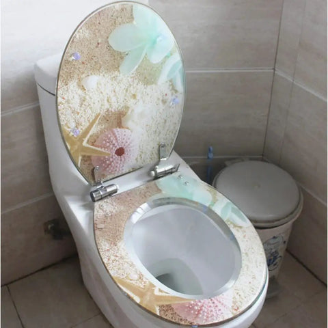 Heavy Duty Resin Toilet Seat Cover With Soft Slow Close Lid Universal European Fit waterproof design featuring beach theme with sea shells.