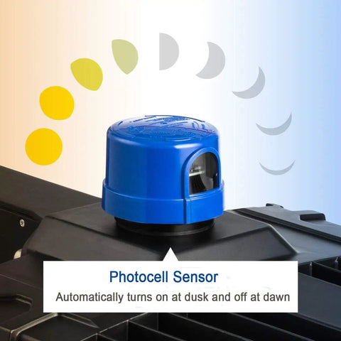 Beefed-Up 150W LED Shoebox Parking Lot Light With Dusk To Dawn Photocell, showing the blue sensor for auto lighting control.