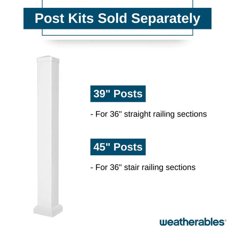 Premium White Vinyl Porch And Deck Railing Kit post options, 39" and 45" sizes for different railing sections.