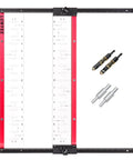 Shelf Pin Jig With Self Centering Drill Bits 1/4 Inch And 5mm For 32mm System Cabinet Hole Drilling Template showing dual scale alignment.