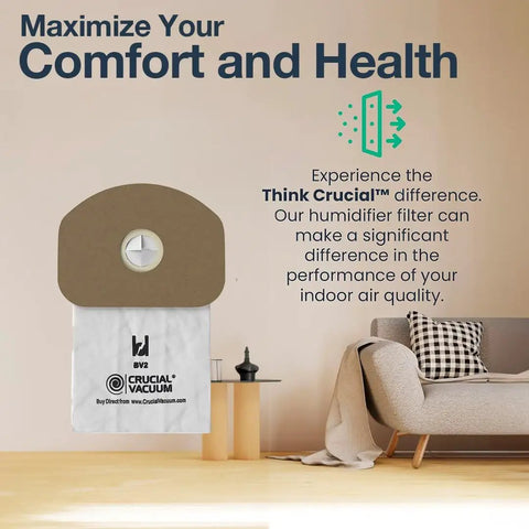 BV-2 Vacuum Bags for Back Pack SC412 Kit, 20 Count, Compatible With Part 62370 displayed on a wooden table next to a sofa.