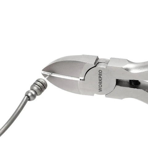 Close-up of wire cutter from 7 Piece Jewelry Pliers Set For Beading And Wire Wrapping Includes Needle Nose Pliers Round Nose Pliers Bent Nose Pliers And Wire Cutter Pro Grade Tool Kit Great For Beginners And Pros For Jewelry Making Beads And DIY Craft With Carrying Pouch cutting a metal wire.