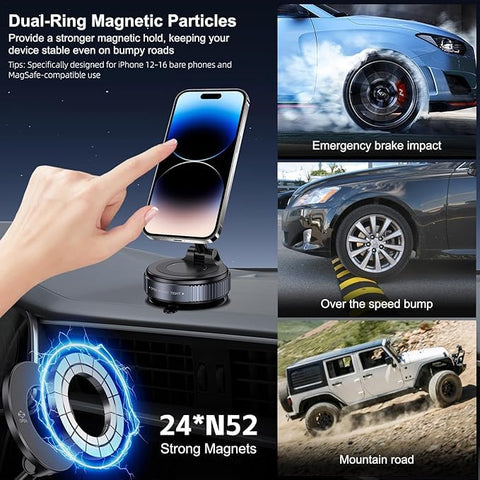 Installed magnetic car phone mount with suction cup base; 360° rotation for smartphones