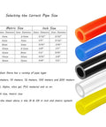 Multi-color PU polyurethane pneumatic tubing set (red, blue, black, white, yellow) with size chart on left