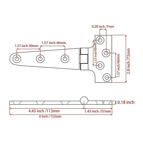 Technical diagram of Beefy Heavy Duty T Style Door Hinges 2 Pack, Marine Grade 316 Stainless Steel, showing dimensions and thickness.