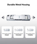D70E 1TB External SSD With Dual USB C And USB A showing retractable metal housing in closed, extended, and foldable positions.