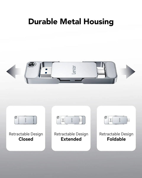 D70E 1TB External SSD With Dual USB C And USB A showing retractable metal housing in closed, extended, and foldable positions.