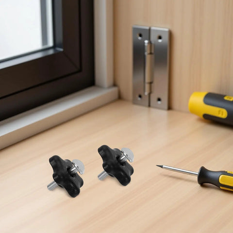 Super Cool DIYEAH 2 Pack Lawn Mower Handle Knob Screw Bolt Replacement Kit With Perfect Fit Durable Plastic And Metal Parts For Quick Install And Easy Removal To Keep Your Outdoor Mowing Smooth And Safe. black handle knob screws with screwdriver on wood surface