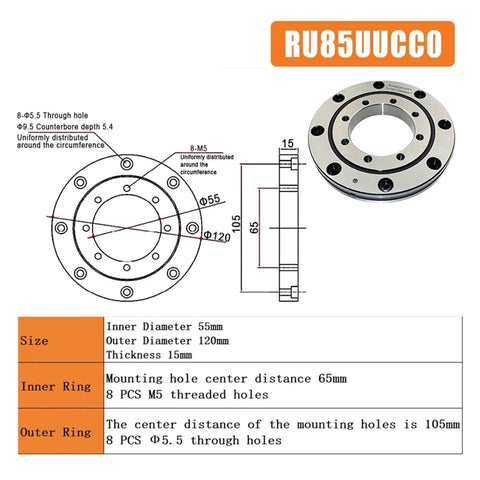 High Grade Crossed Roller Bearing With Ultra Precise Rotational Accuracy P5 And P4 RU85 P5, diagram and dimensions detailed.