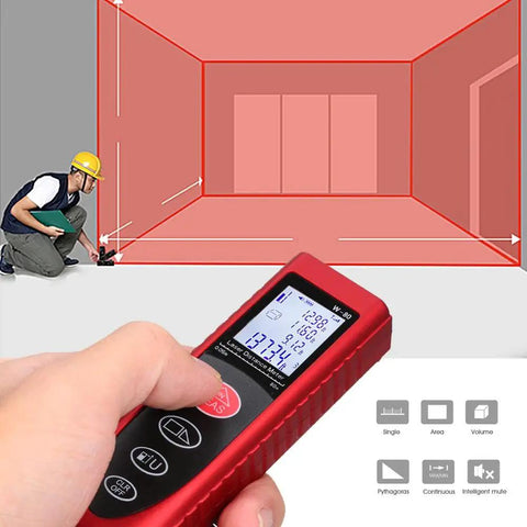 80 Meter Digital Laser Distance Meter Featuring Bright Backlit Lcd Readout And Built In Pythagorean Mode in use measuring room dimensions.