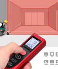 SagaSave Laser Measure, Digital Laser Distance Meter, M/in/Ft Unit, durable red device measuring distance with backlit LCD.
