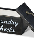 Rustic Black Dryer Sheets Holder With Lid For Decor, wooden box with lid open, showing interior, farmhouse style decor