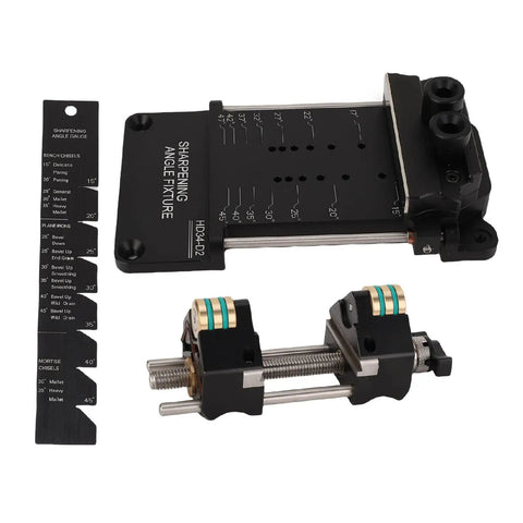 Pro Level Chisel Sharpening Jig With Adjustable Angle Ruler And Secure Clamps For Five To Seventy Millimeter Blades, detailing angle gauge.