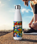 17 Oz White Stainless Steel Sublimation Water Bottle with colorful design, standing on a ledge with a person tying a shoe in the background