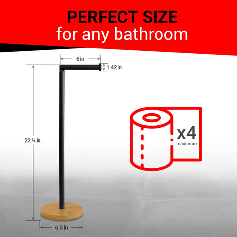 Freestanding Toilet Paper Holder With Storage And Modern Bamboo Base, Sturdy Black Metal Stand With Weighted Base, Dimensions Chart