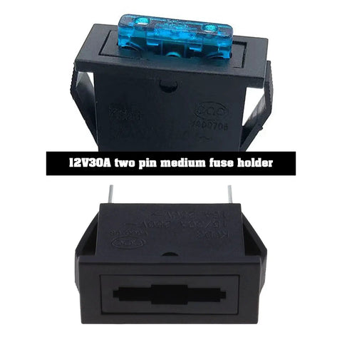 Heavy Duty Five Pack Standard Blade Fuse Holders Panel Mount For Auto Wiring Safety 12V 30A showing blue fuse in black holder.