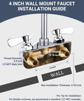 Installation guide for 4 inch wall mount faucet with threaded inlet specifications and max thickness for mounting.