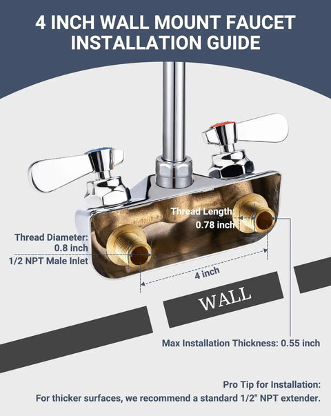 Installation guide for 4 inch wall mount faucet with threaded inlet specifications and max thickness for mounting.