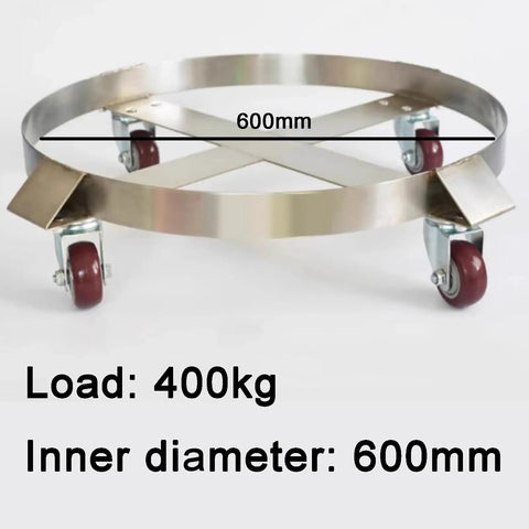 Beefy Heavy Duty Drum Dolly Cart With Swivel Wheels Steel Rolling Dolly For Safe Transport Of 400 Kg Ideal For Moving Heavy Loads And Equipment Silver Inner Diameter 600mm showing metal frame and wheels.
