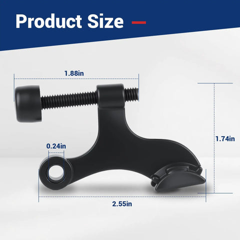 Built Tough Zinc Hinge Pin Door Stops Adjustable Matte Black Finish With Plush Bumper Caps To Save Drywall And Hardwood Floors Effortless Drop In Installation Eight Pack No Drama Setup, 2.55in size with measurements.