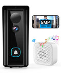 5MP Wireless Doorbell Camera No Monthly Fee Smart WiFi Video Doorbell With Chime Two Way Audio Night Vision Human Detection Alerts Alexa Enabled Anti Theft For Home Security showing camera, chime, and app view