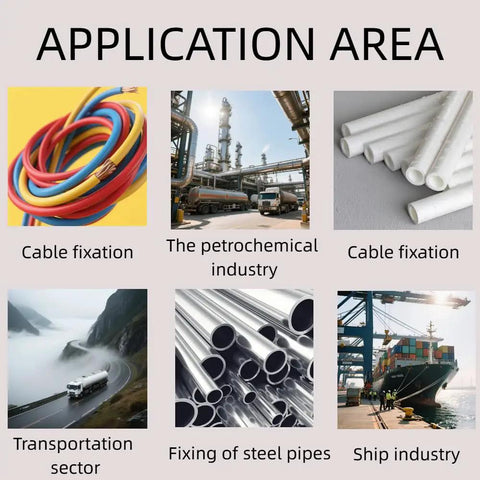 Image showing applications for cables, petrochemical industry, steel pipes, and shipping with related visuals.