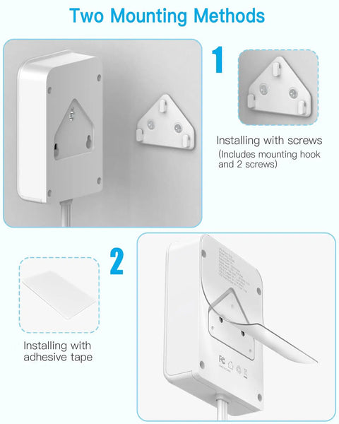 Two mounting methods for 7 In 1 Flat Extension Cord Power Strip With USB C And USB A Ports, 4 Outlets, 3 USB, 4 Ft Wall Plug.