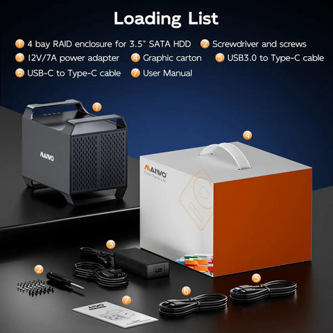 Four Bay SATA Enclosure Runs Slick With Quiet Cooling Fan And USB A And C Cables, including power adapter and user manual.
