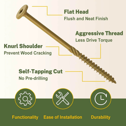 Beefy Outdoor Lag Screws For Decking And Timber Two And Seven Eighth Inch Fifty Pack Bronze Coated Flat Head Rust Resistant Structural Wood Screws With Star Drive And T30 Bit Included For Heavy Duty Construction showing an aggressive thread with a knurl shoulder and flat head.