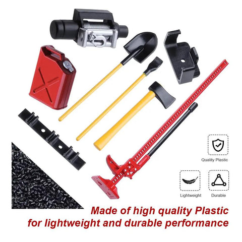 Beefed-Up Mini RC Rock Crawler Gear Set with digging shovel, fuel tank, high jack winch for 1:10 car, Axial SCX10 compatible.