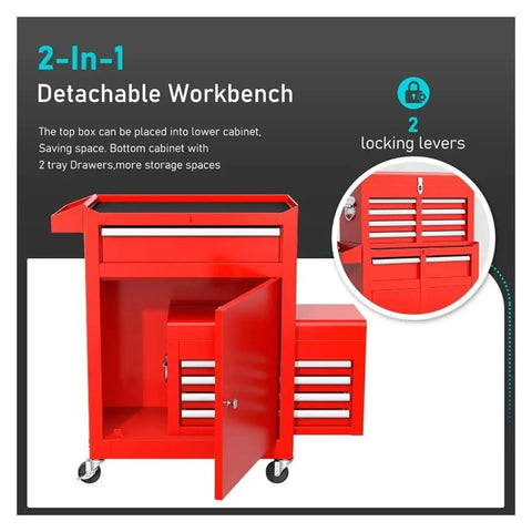 Portable Rolling Tool Chest With Detachable Top Box And Lockable Wheels Heavy Duty Steel Cabinet With Drawer Liners Large Bottom Storage Side Rack For Garage Shop Or Warehouse Built Tough Pro Grade Orange Finish, red 2-in-1 cabinet open