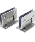 Shower Door Hinge Two Pack 90 Degree Heavy Duty Stainless Steel Hinges for glass doors and cabinets on white background.