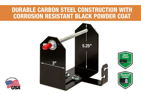 Rock Solid Commercial Trimmer Line Spool Holder Bracket with Mounting Hardware, 5.25 inch tall, black powder-coated, for landscape trailers.