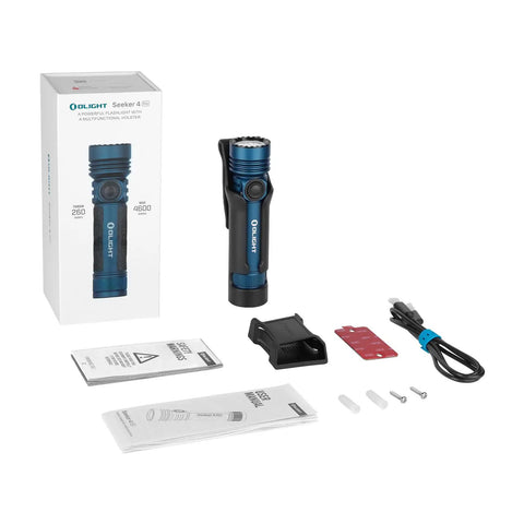 Seeker 4 Pro Rechargeable Flashlight 4600 Lumens With USB C Port IPX8 Waterproof in box with accessories and manuals