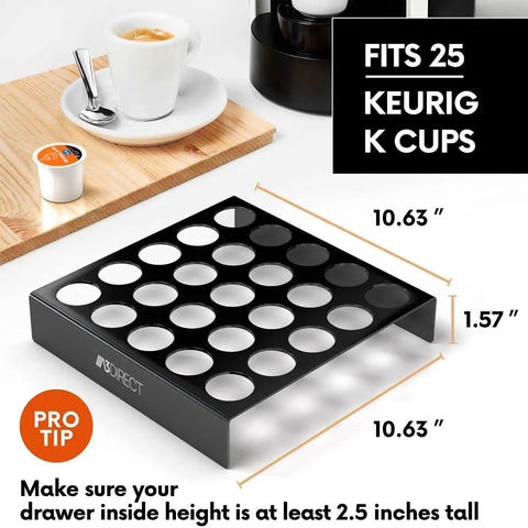 K Cup Drawer Organizer For Keurig Pods 25 Slot Holder That Keeps Your Countertop Clean And Your Pods Right There Within Easy Reach, Acrylic Clear Keurig Drawer For Easy K Cup Storage And Quick Pod Organization, shown with dimensions.