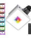 Exhaust Fan With Light And Remote, Ceiling Mounted Bathroom Vent Fan With Lit RGB Lights, Dimmable LED, 130 CFM, shown with remote