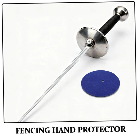 Fencing Epee Hand Guards 2 Pack Lightweight Protective Shields For Youth Practice shown with epee and blue hand protector.