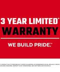 3 Year Limited Warranty text on red background, emphasis on quality and pride in craftsmanship, warranty details noted below
