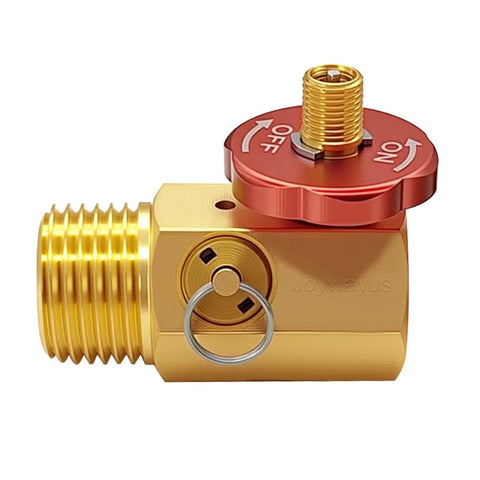 Badass Heavy Duty brass air manifold valve with red shut-off knob, 1/2 inch male NPT fitting, side view