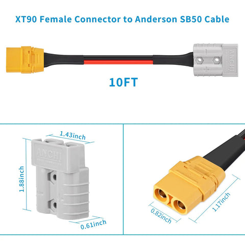 SB50 To XT90 Female Battery Cable 10 AWG 10 Ft Heavy Duty Power Lead For Forklift Trucks Tinned Copper Wire With Flame Retardant Housing Durable Quick Connect Cable, 10 ft cable