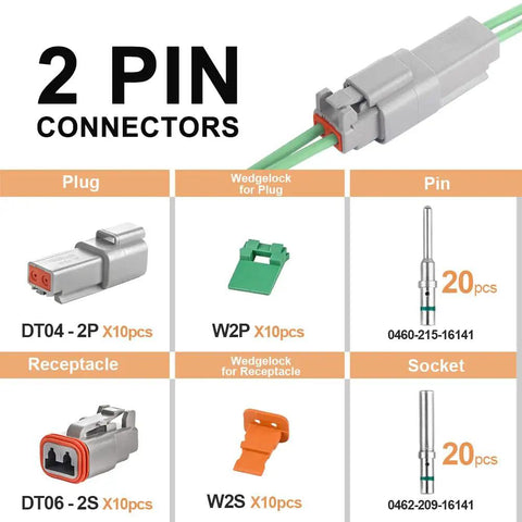 Deutsch 2 Pin Waterproof Connector Kit 10 Sets DT04-2P DT06-2S Gray PA66 Nylon Electrical Connectors With Solid Contacts