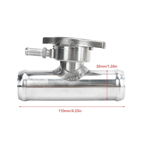 Must Have Inline Aluminum Radiator Hose Filler Neck Cap 32mm 1 And A Quarter Inch 16 PSI Durable Alloy Coolant Fitting side view