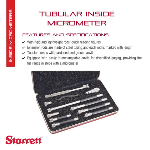 Pro Grade Tubular Inside Micrometer Set With Case, Quick Reading Figures, Hardened Ground Anvils, Interchangeable Extensions