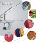 All Purpose Snap Pliers Kit For Crafts And Clothing shown with examples of fabric applications, Handy No Sew Button Fastener Press Attacher
