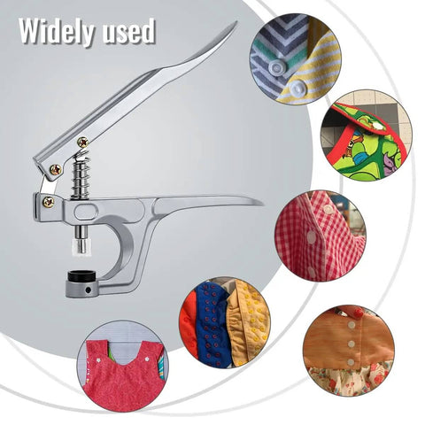 All Purpose Snap Pliers Kit For Crafts And Clothing shown with examples of fabric applications, Handy No Sew Button Fastener Press Attacher