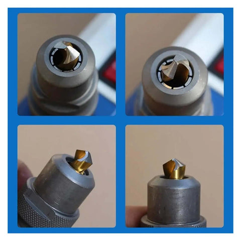 Close-up views of Premium Twist Drill Bit Sharpener for 3 to 13MM HSS and carbide bits showing sharpening mechanism and adjustable angle.