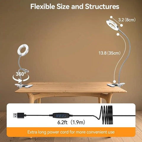 Clip On LED Desk Light With Clamp And Flexible Gooseneck 3 Color Modes And 10 Brightness Levels on wooden table setup
