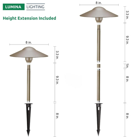 3W Low Voltage Landscape Path Lights 12V Bronze Outdoor Garden Yard Waterproof With Replaceable G4 LED Bulbs Dimensional View