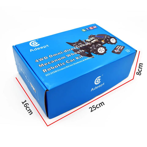 Angled front view of blue Adeept 4WD Mecanum wheels robotic car kit box with ADEEPT logo