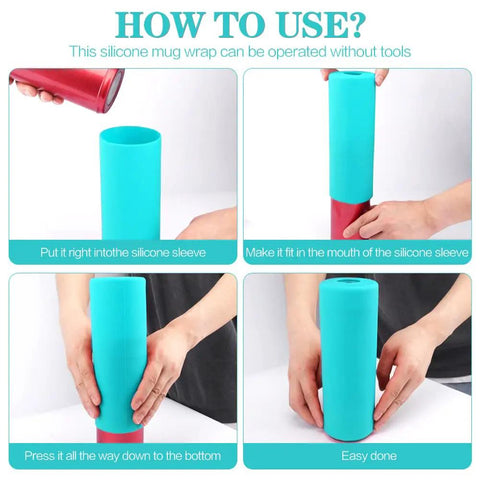 Demonstration of Heavy Duty Sublimation Silicone Wraps For 20 Oz Skinny Tumblers, showing usage steps with the silicone sleeve.